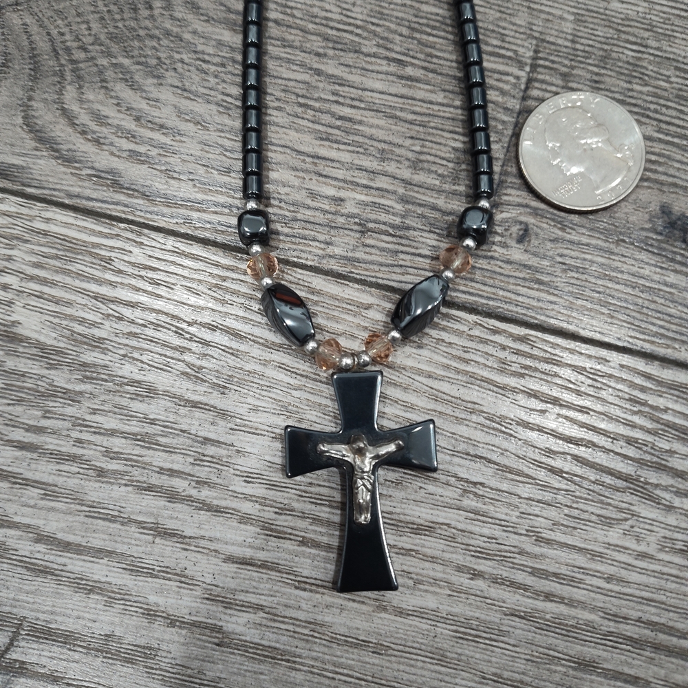 HEMATITE Men's Black and Silver Cross Pendant Necklace
